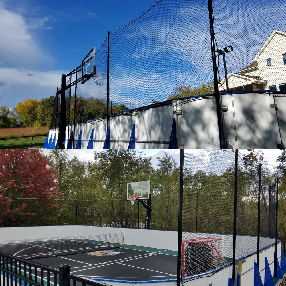 Hockey Puck Containment Netting Over Boards at an Outdoor Sports Court