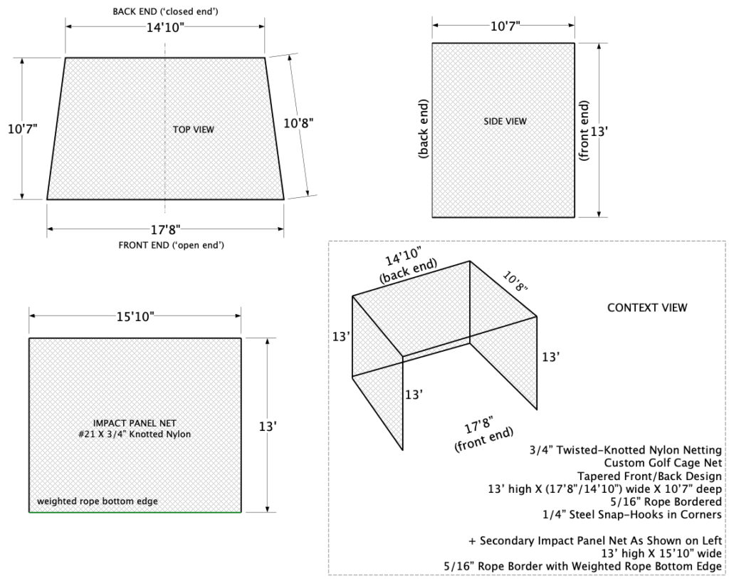 Custom golf cage netting and golf cage net with impact panel, tapered design