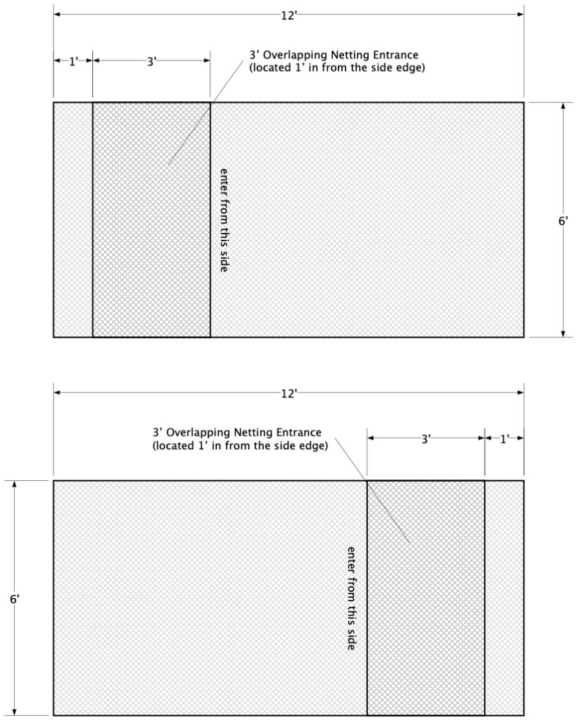 A pair of customized netting panels that each have overlapping netting entrance doors.