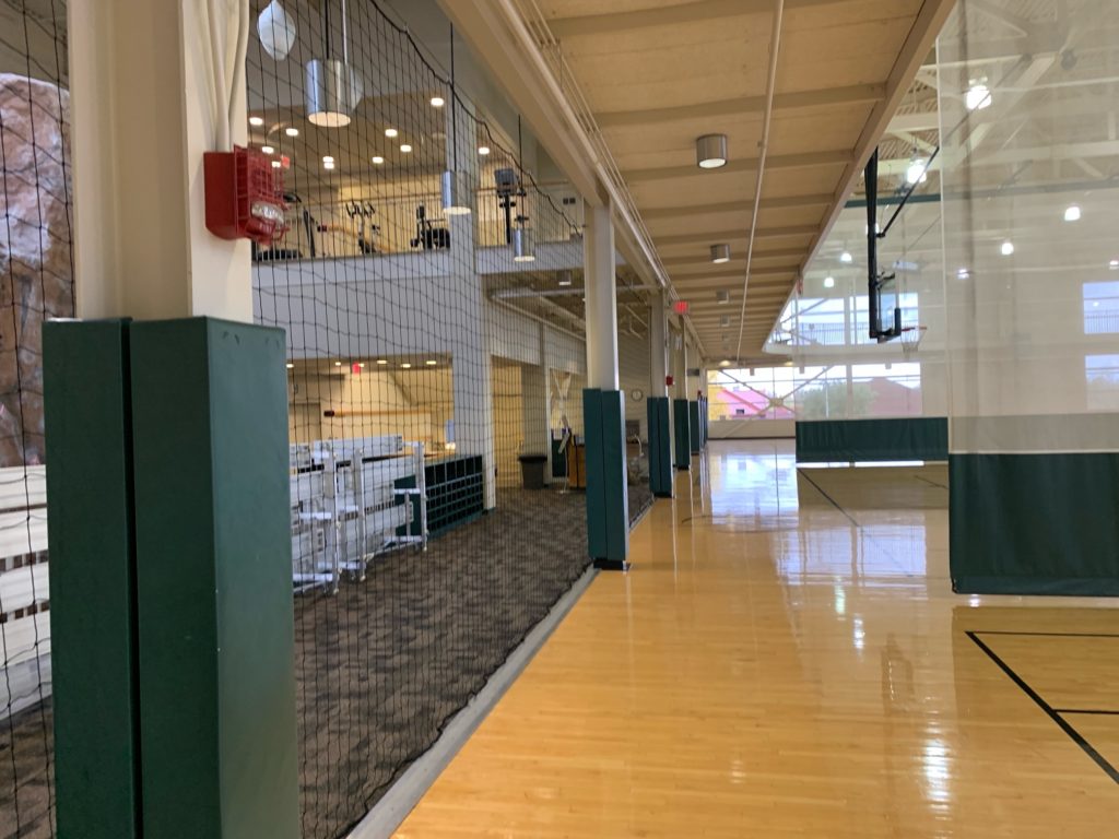 Basketball court ball containment netting at North Dakota State University.