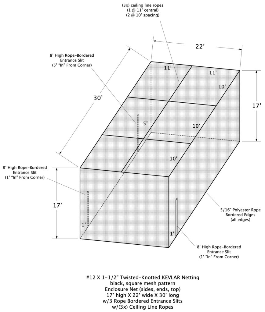 Kevlar netting enclosure, built to custom sizing with unique features and net design.