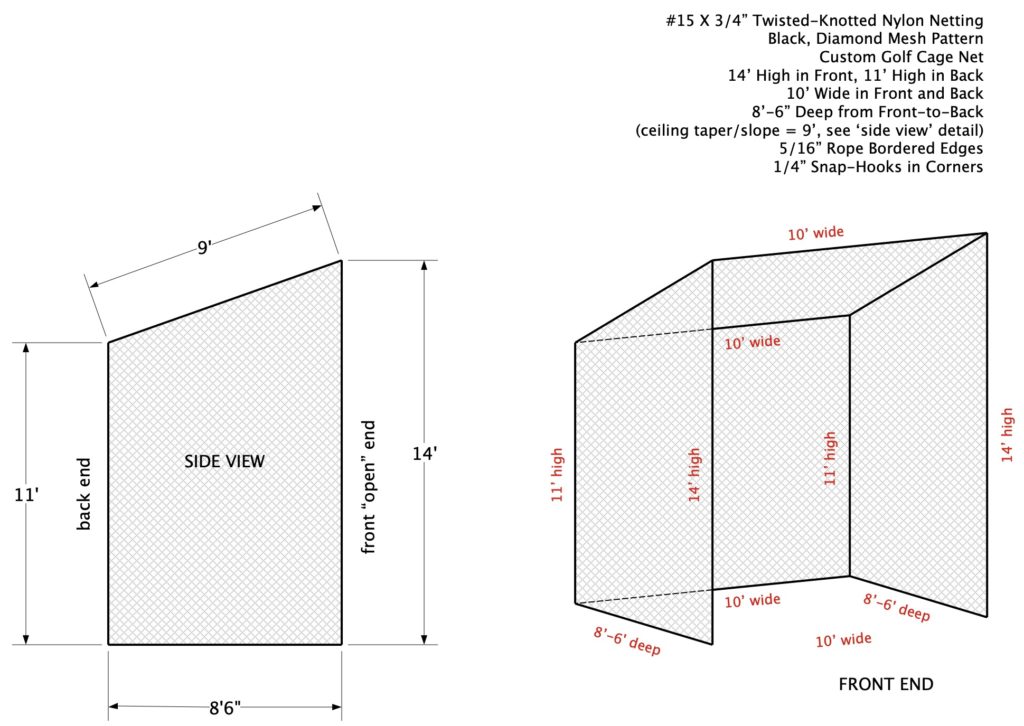 Custom nylon golf cage net, golf hitting and driving netting built to a tapered shape and size.