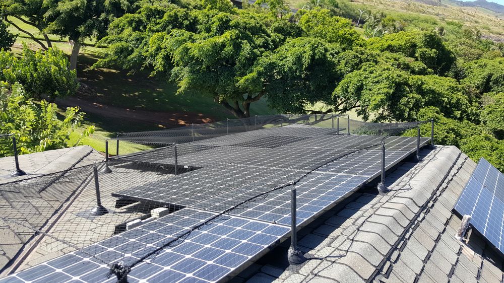 Solar panel protective netting installed on a horizontal roof to block the panels from golf ball impacts.