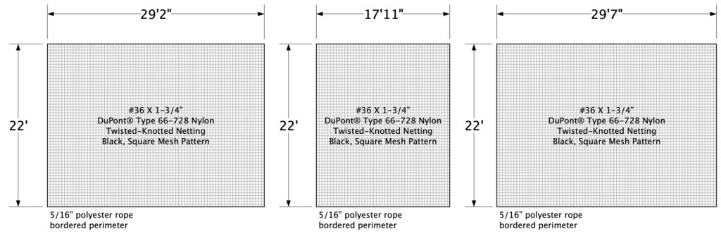 Backstop nets and backstop netting panels for baseball field location.