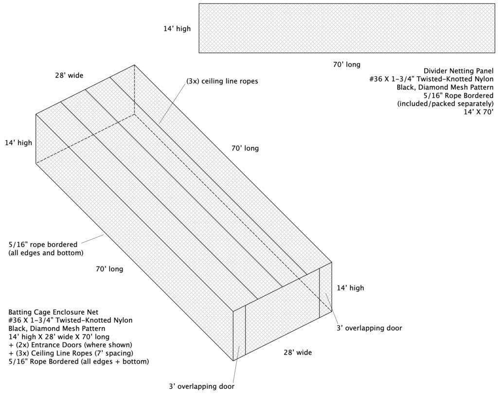 Custom batting cage netting with divider panel net.