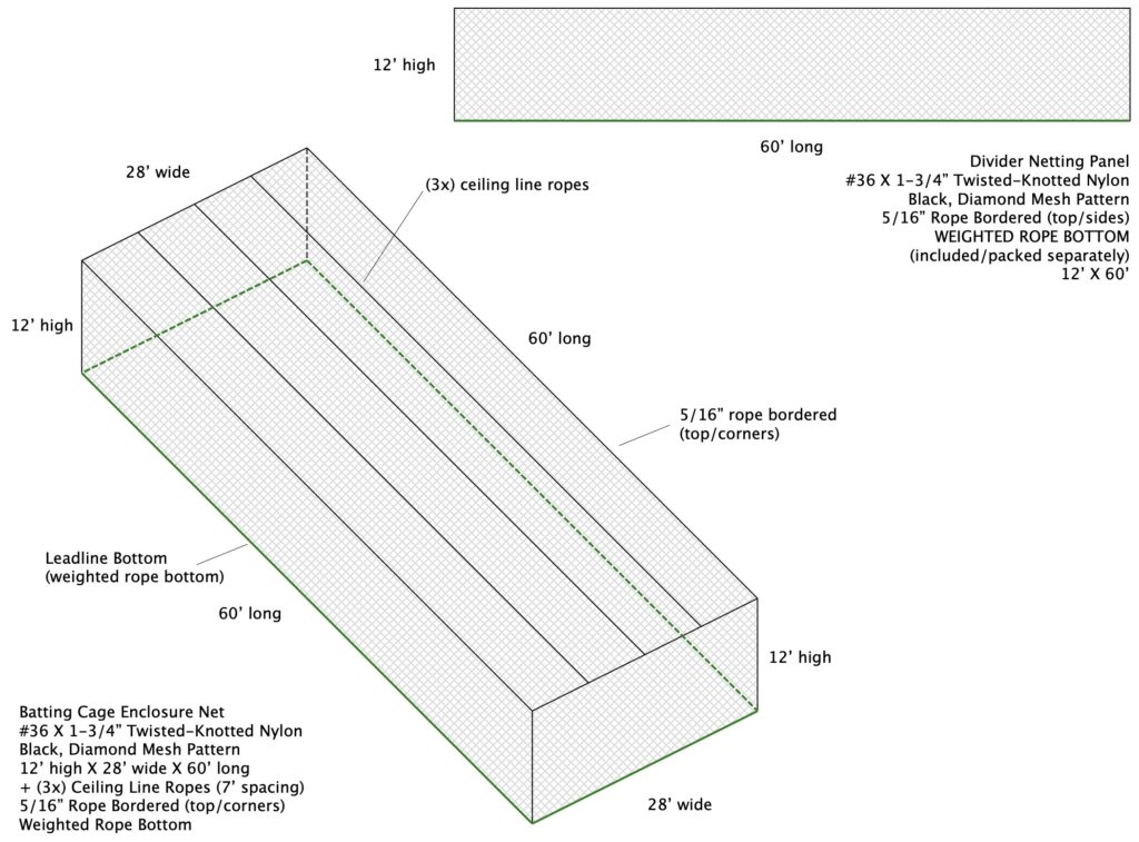 Batting cage training facility cage netting with weighted bottom rope