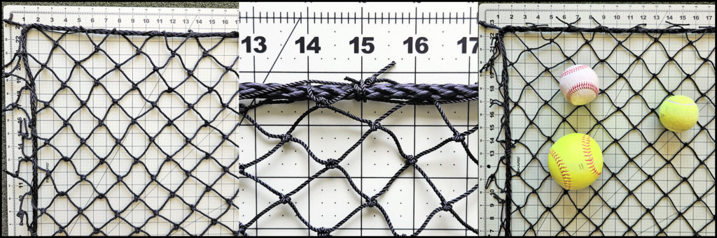 Border rope is hand-sewn to the perimeter edges of diamond mesh netting.