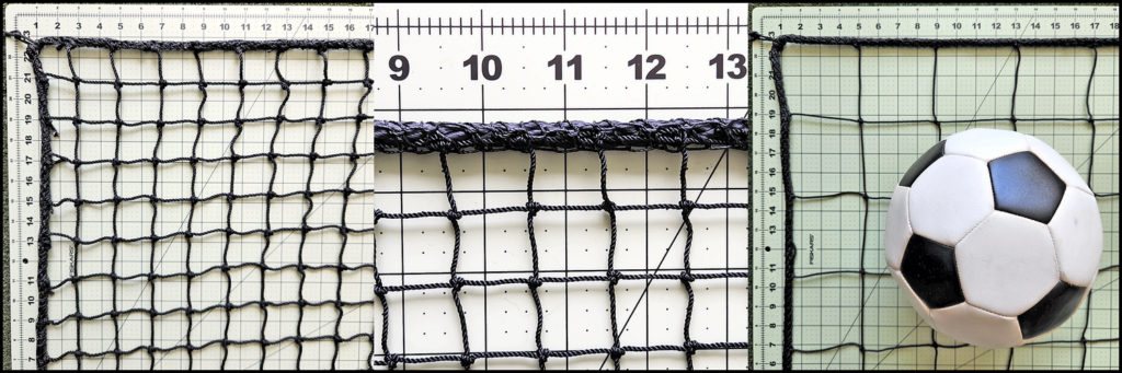 Border rope is machine-sewn to the perimeter edges of square mesh netting.