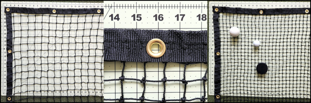 Webbing border withe brass grommets is sewn to the perimeter edges of square mesh netting.