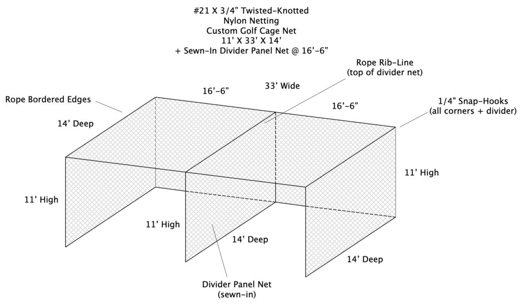 Custom golf cage netting built to specialty sizing.