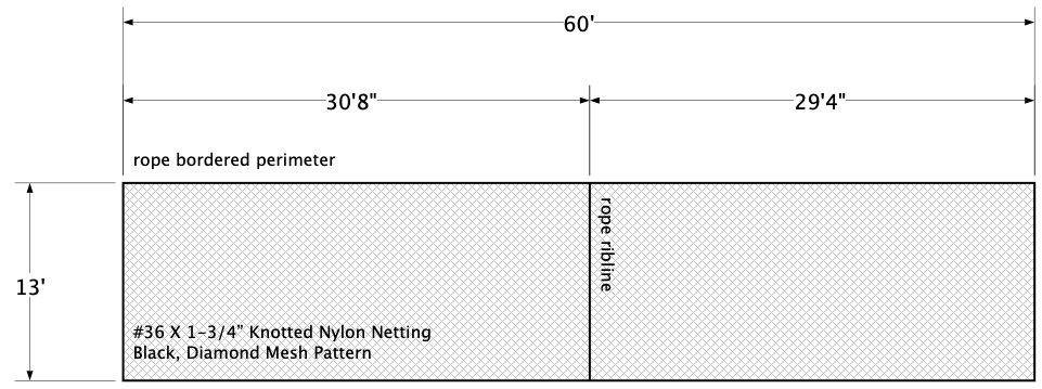 Custom netting built for baseball field backstop purposes and ball containment.