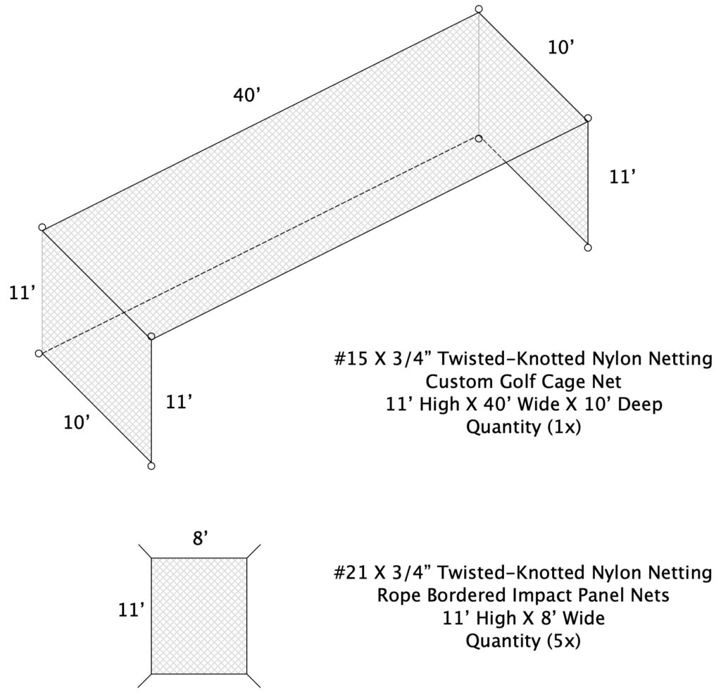 Custom golf cage netting and impact panel nets.