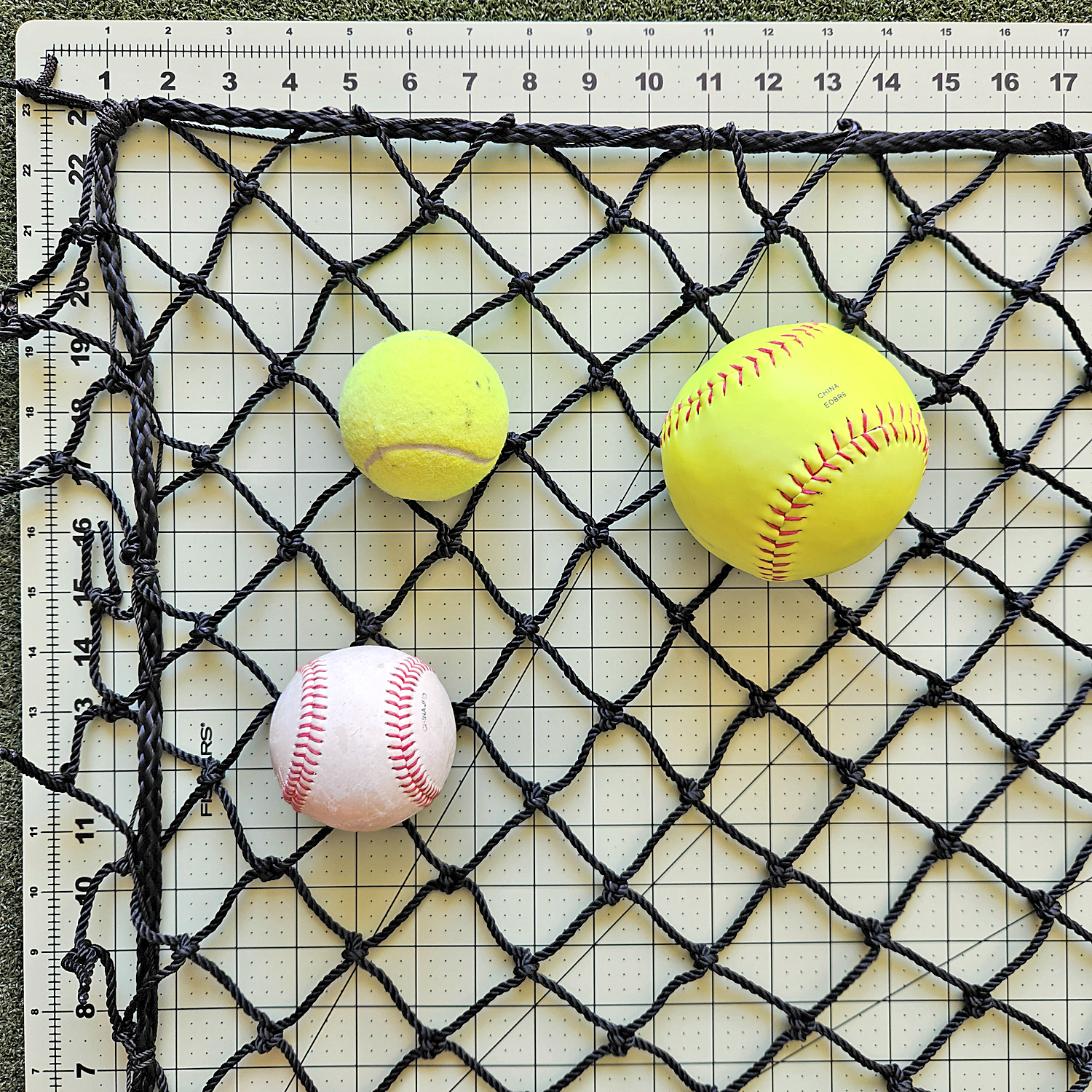 Close-up detail of premium Type 66 twisted knotted nylon material used in high-abrasion batting practice netting and baseball cages.
