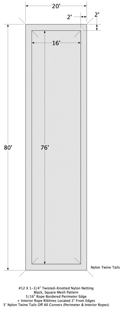 Layout drawing for a 20x80 overhead protection net with square mesh and interior rope bordering.