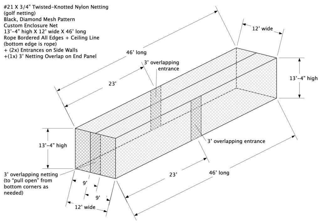 General design diagram of the customized outdoor multi-use batting and golf cage netting.
