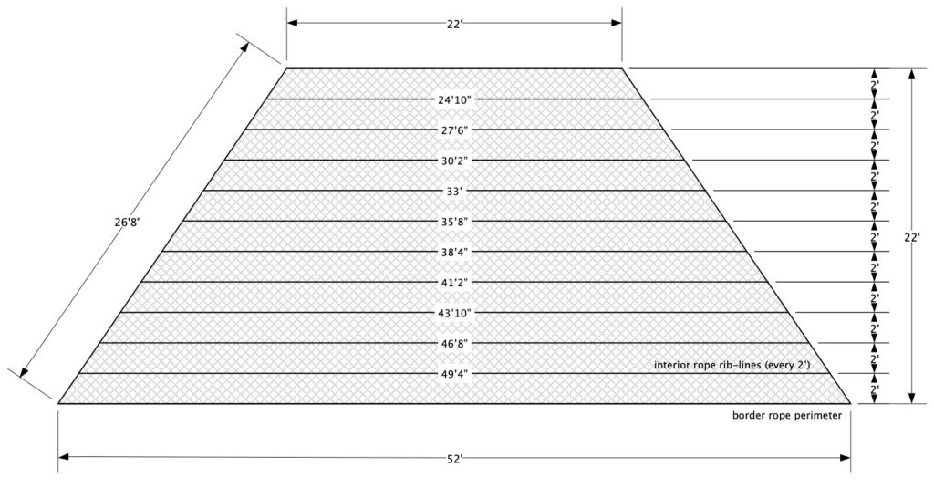 Technical diagram of a custom trapezoid #36 nylon backstop net with ten interior ropes for overhead protection.