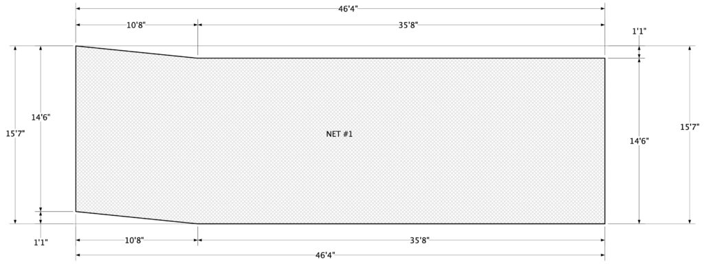 Production drawing for a tapered #12 tarred nylon golf barrier net designed for residential property safety.