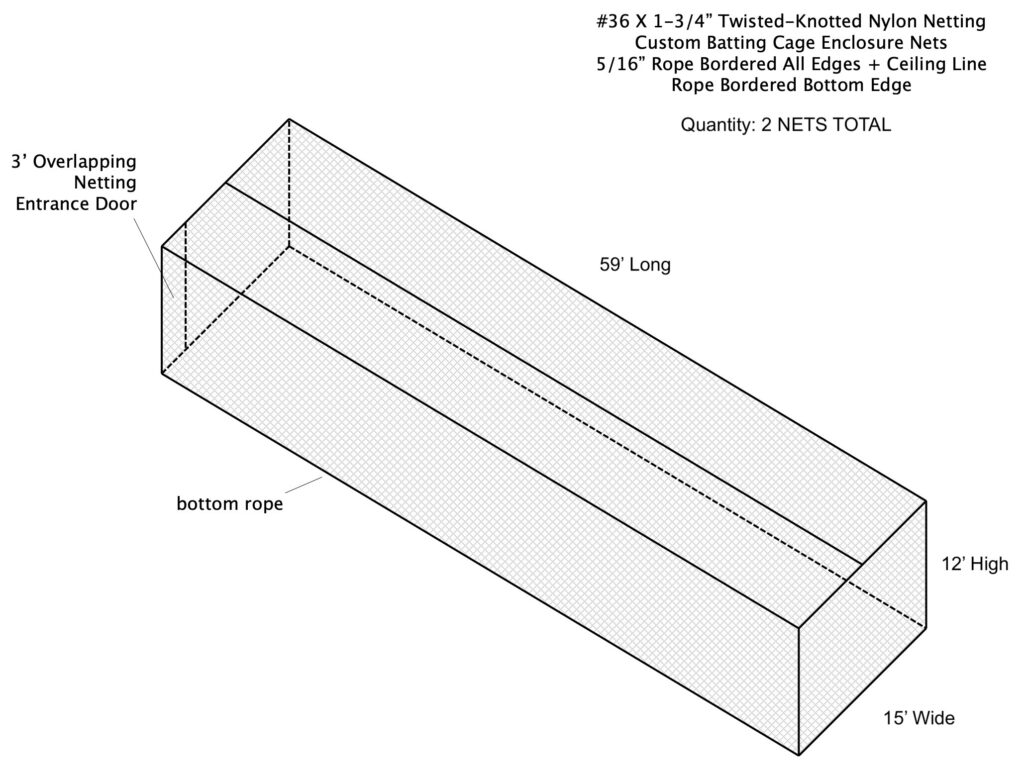 Custom baseball batting nets for a scholastic sports athletic complex, 12' high X 15' wide X 59' long.