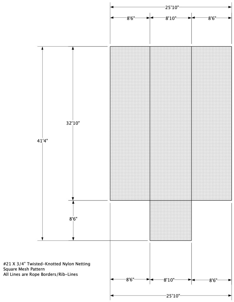 Production schematic for a custom-shaped golf net designed to fit a permanent rigid steel structure.