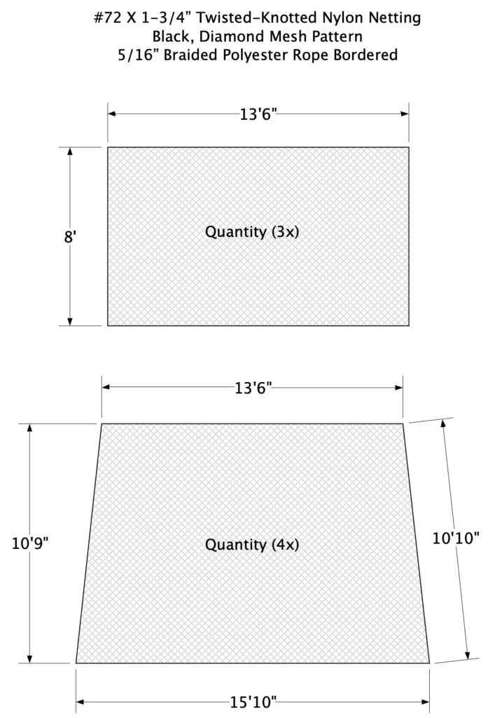 Heavy-duty baseball ball containment nets using #72 x 1-3/4 inch twisted knotted nylon for athletic training facilities.